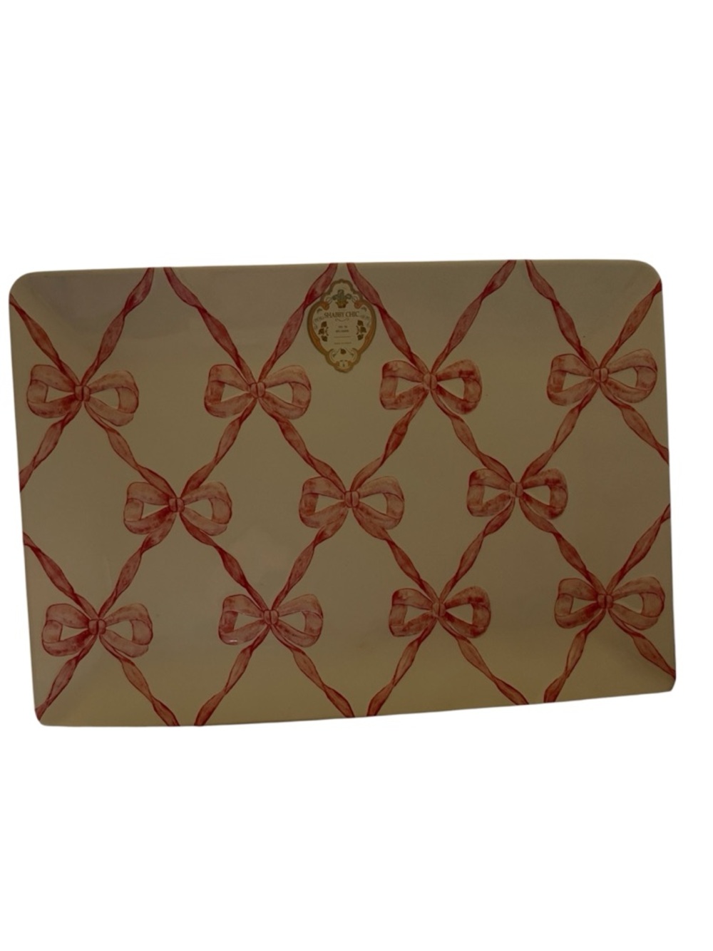 Shabby Chic 100% Melamine Pink Bow and Ribbon Trellis Pattern Serving Tray - NWT